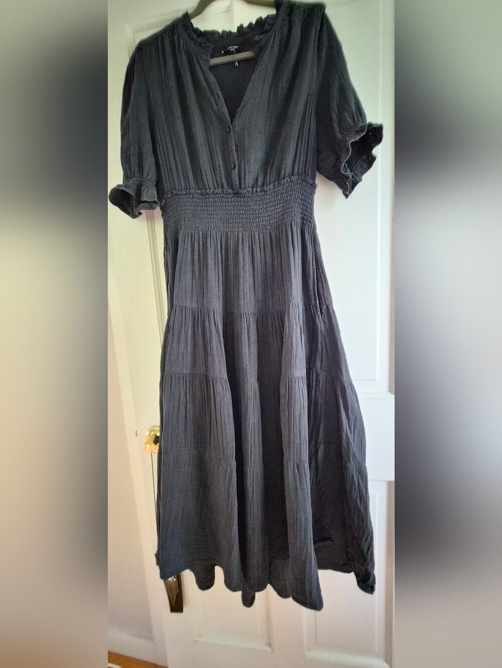 ME+EM Navy Smocked Waist Midi Dress Puff Sleeve Elegant UK Luxury Brand